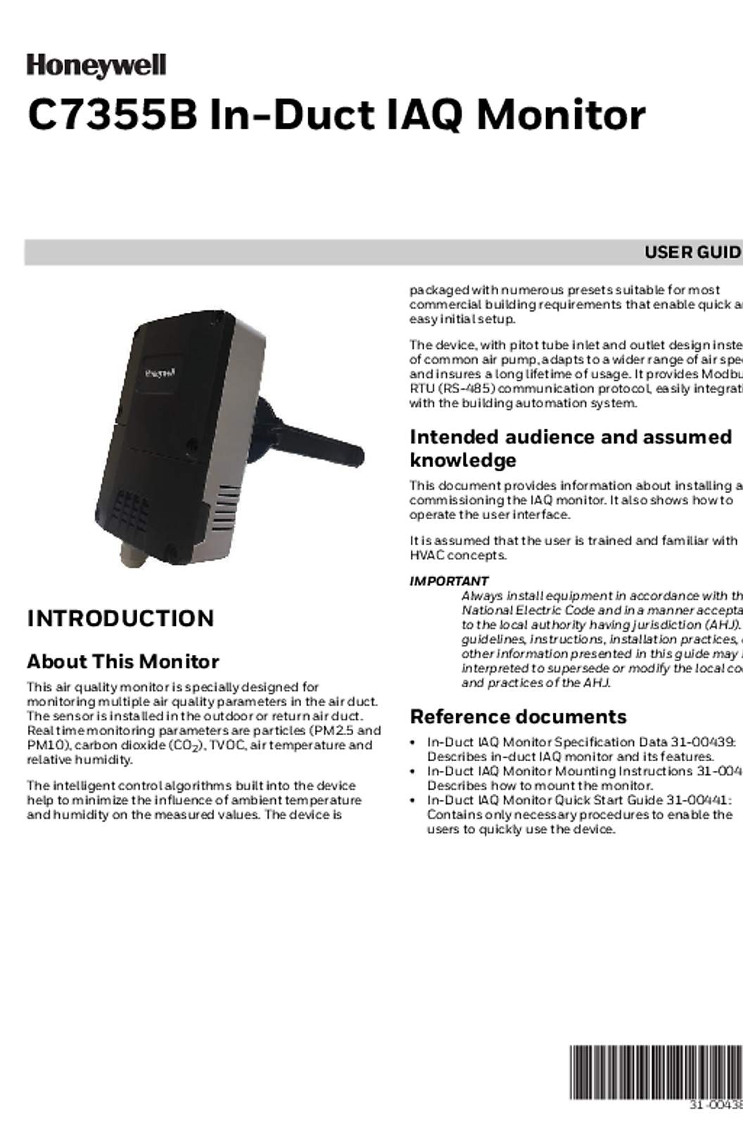 Honeywell C7355B In-Duct IAQ Monitor User Guide 31-00438