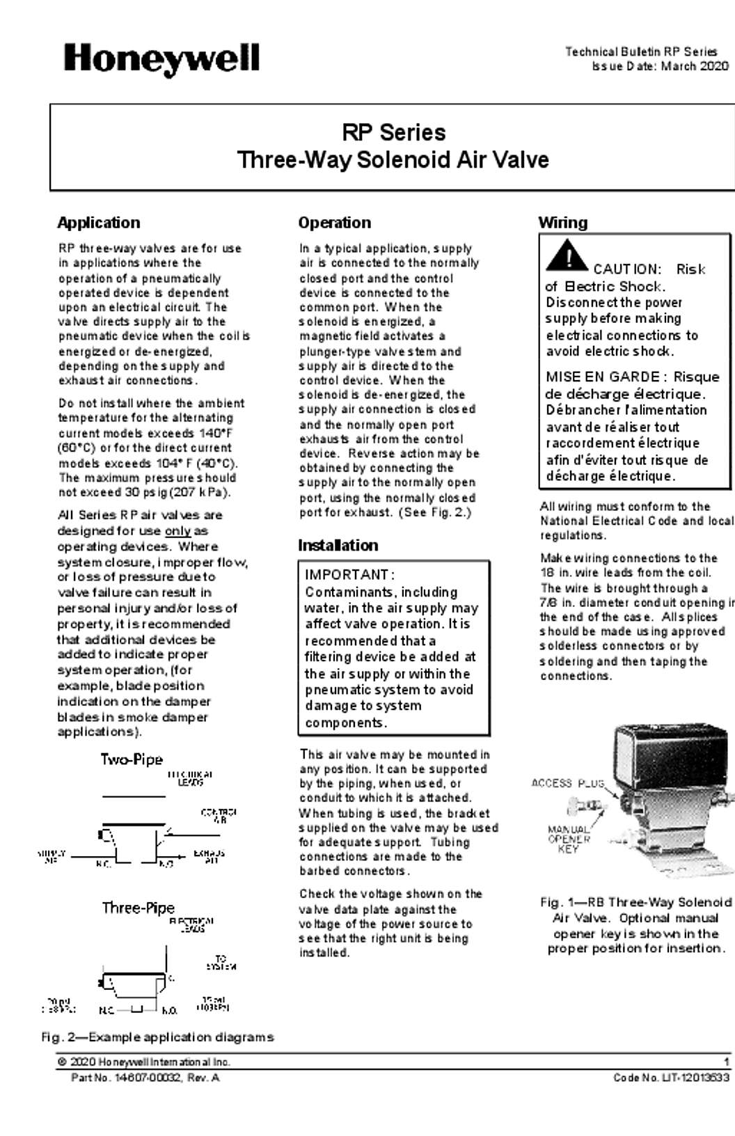 Honeywell RP Series Three-Way Solenoid Air Valve Technical Bulletin
