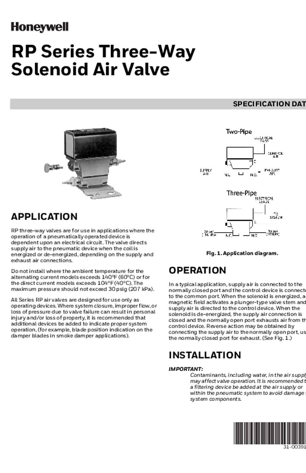 Honeywell RP Series Three-Way Solenoid Air Valve Specification Sheet 31-00391