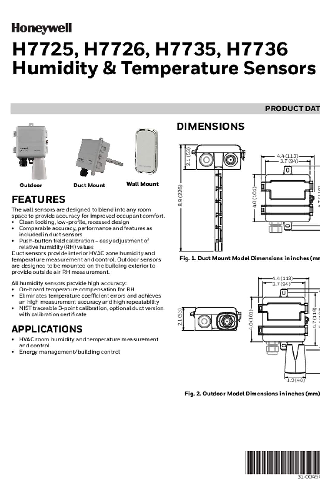 Honeywell H77 Series Humidity & Temperature Sensors Product Data