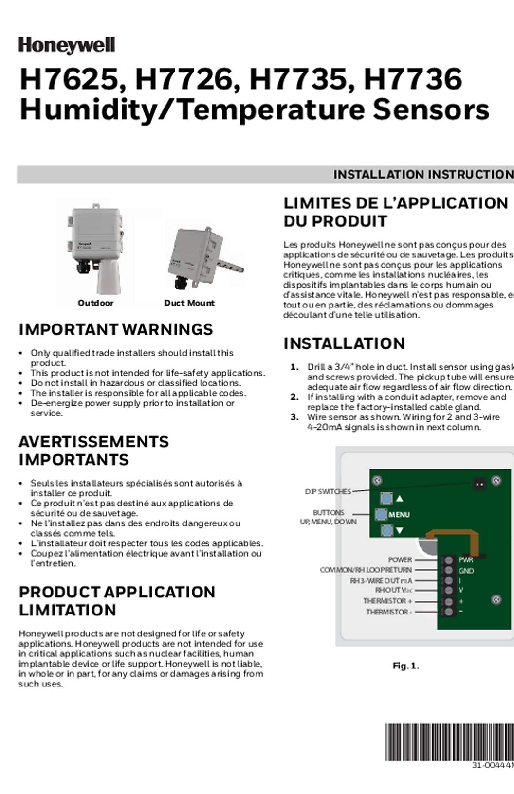 Honeywell Outdoor and Duct Humidity/Temp Sensors Installation Instructions