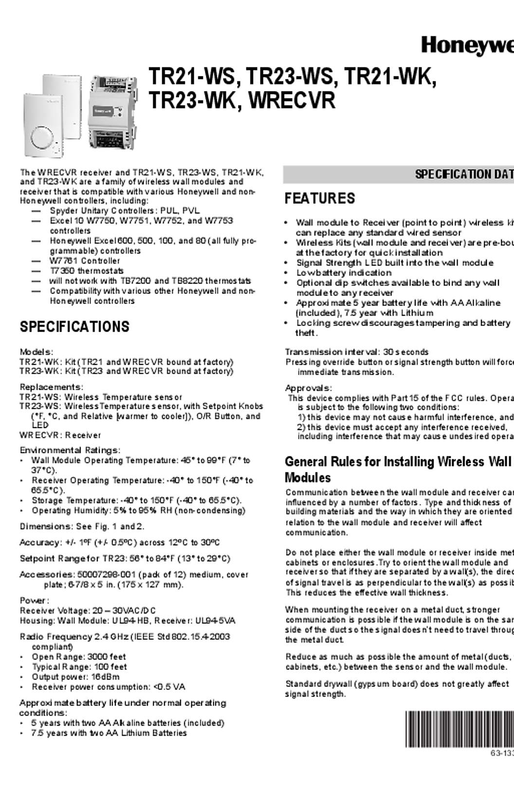Honeywell TR20 Series Wireless Specification Data