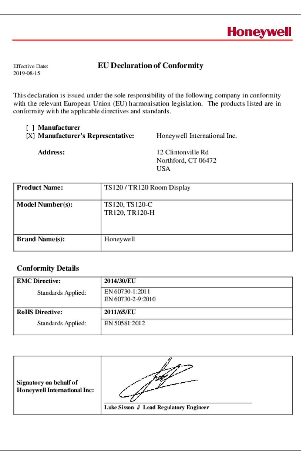 Honeywell EU Declaration of Conformity