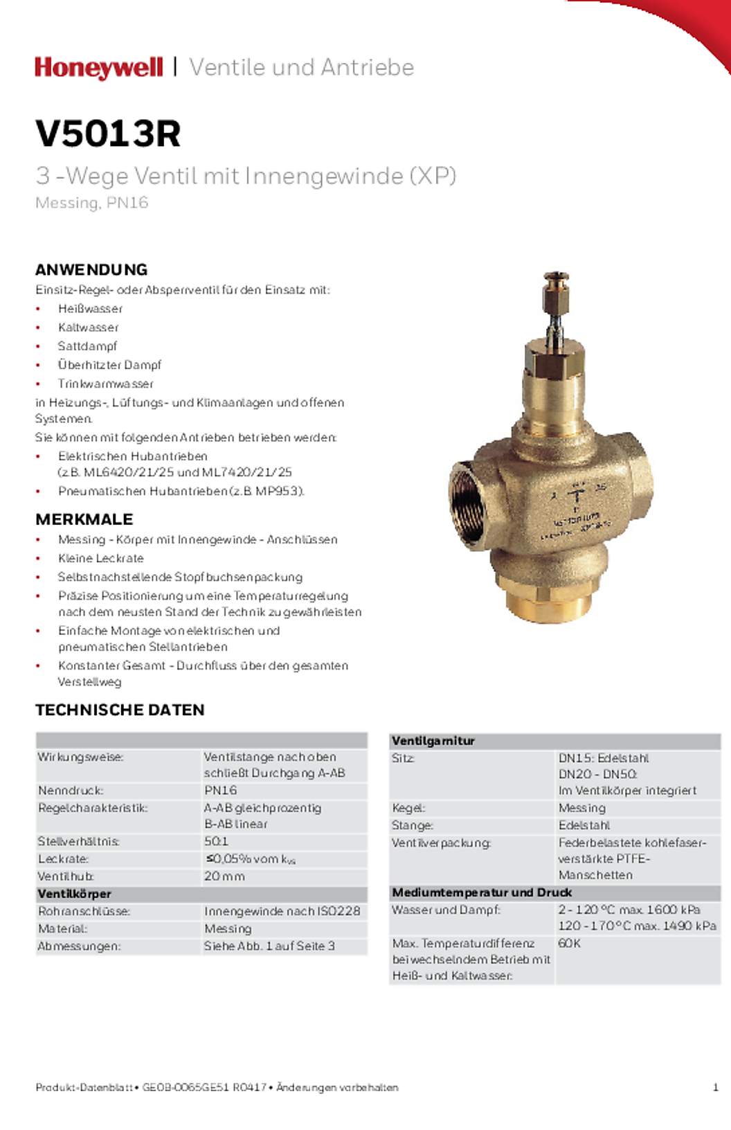 Honeywell V5013R 3 -Wege Ventil mit Innengewinde (XP) Messing, PN16