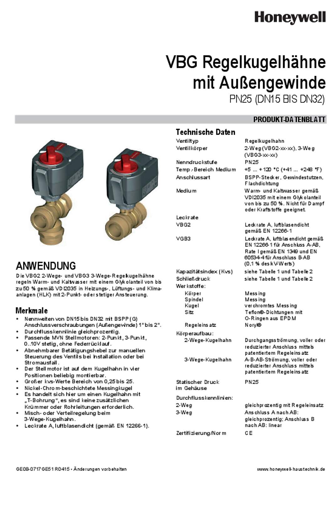 Honeywell VBG Regelkugelh�hne mit Au�engewinde PN25 (DN15 BIS DN32)