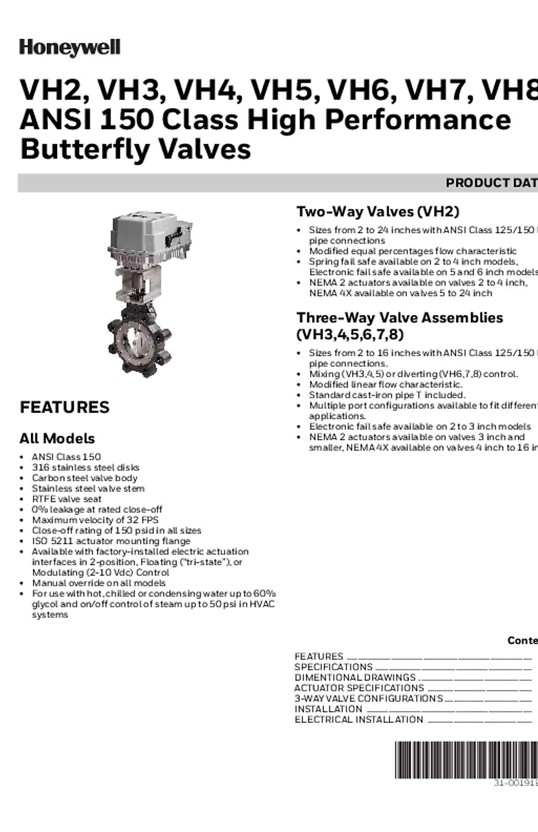 Honeywell VH2, VH3, VH4, VH5, VH6, VH7, VH8 ANSI Class 150 High Performance Butterfly Valves with Lugged Connections Product Data