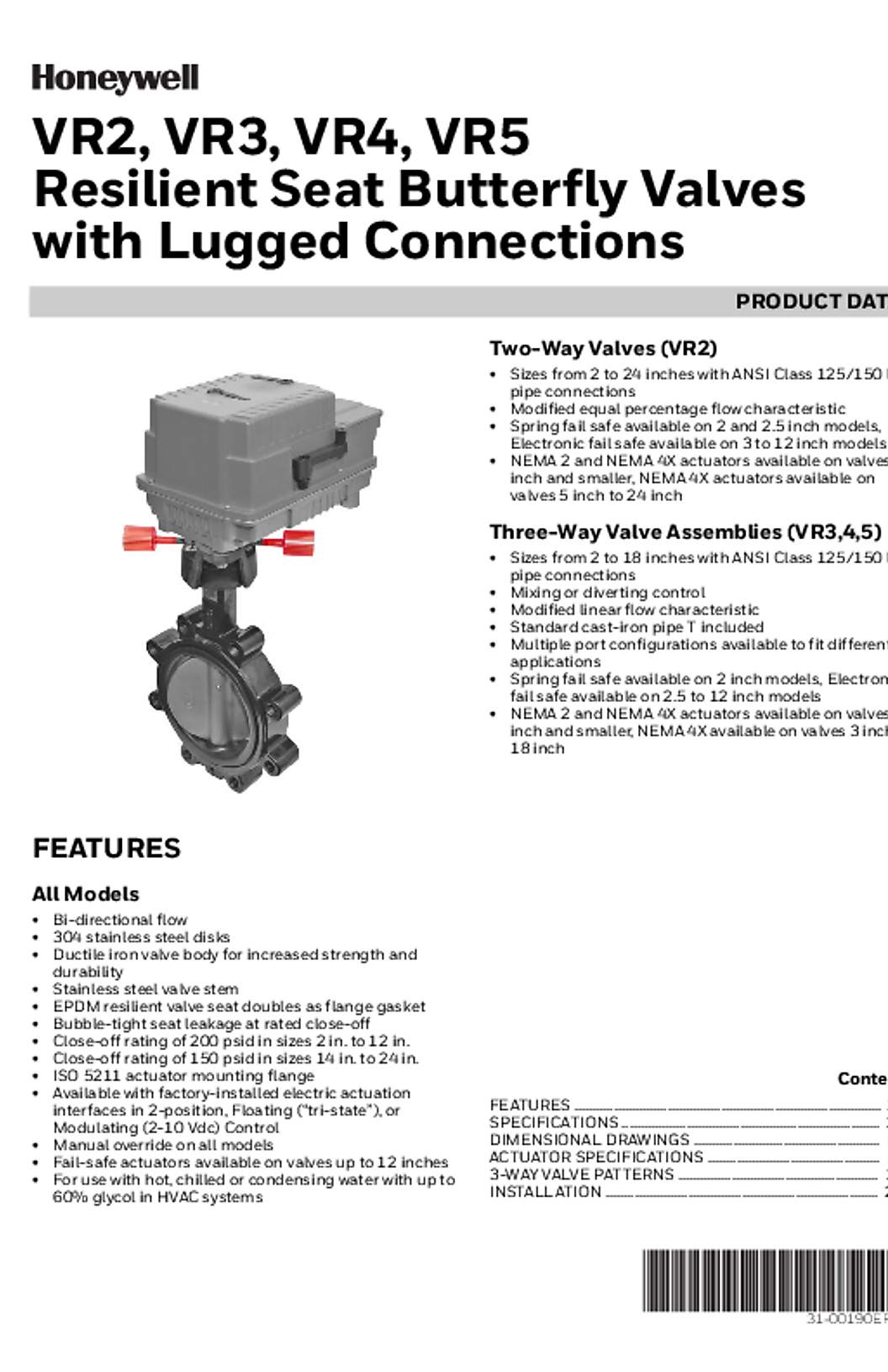 Honeywell VR2, VR3, VR4, VR5 Resilient Seat Butterfly Valves with Lugged Connections Product Data