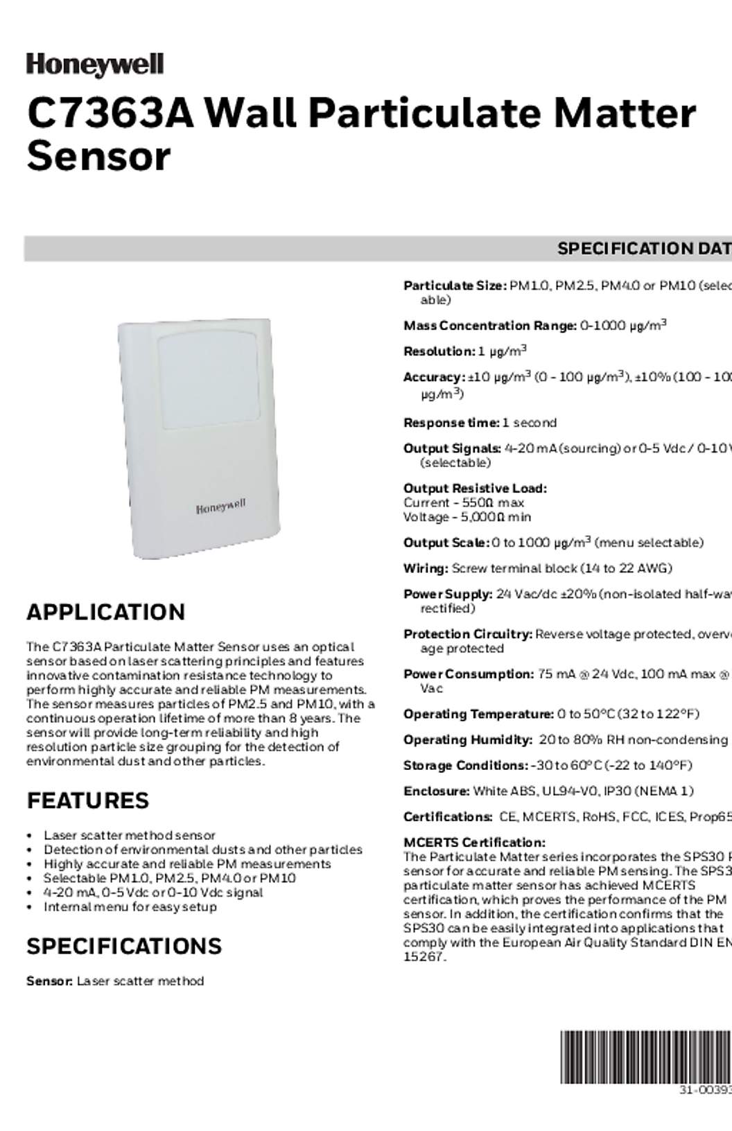 Honeywell Particulate Matter Sensor Data Sheet 31-00393