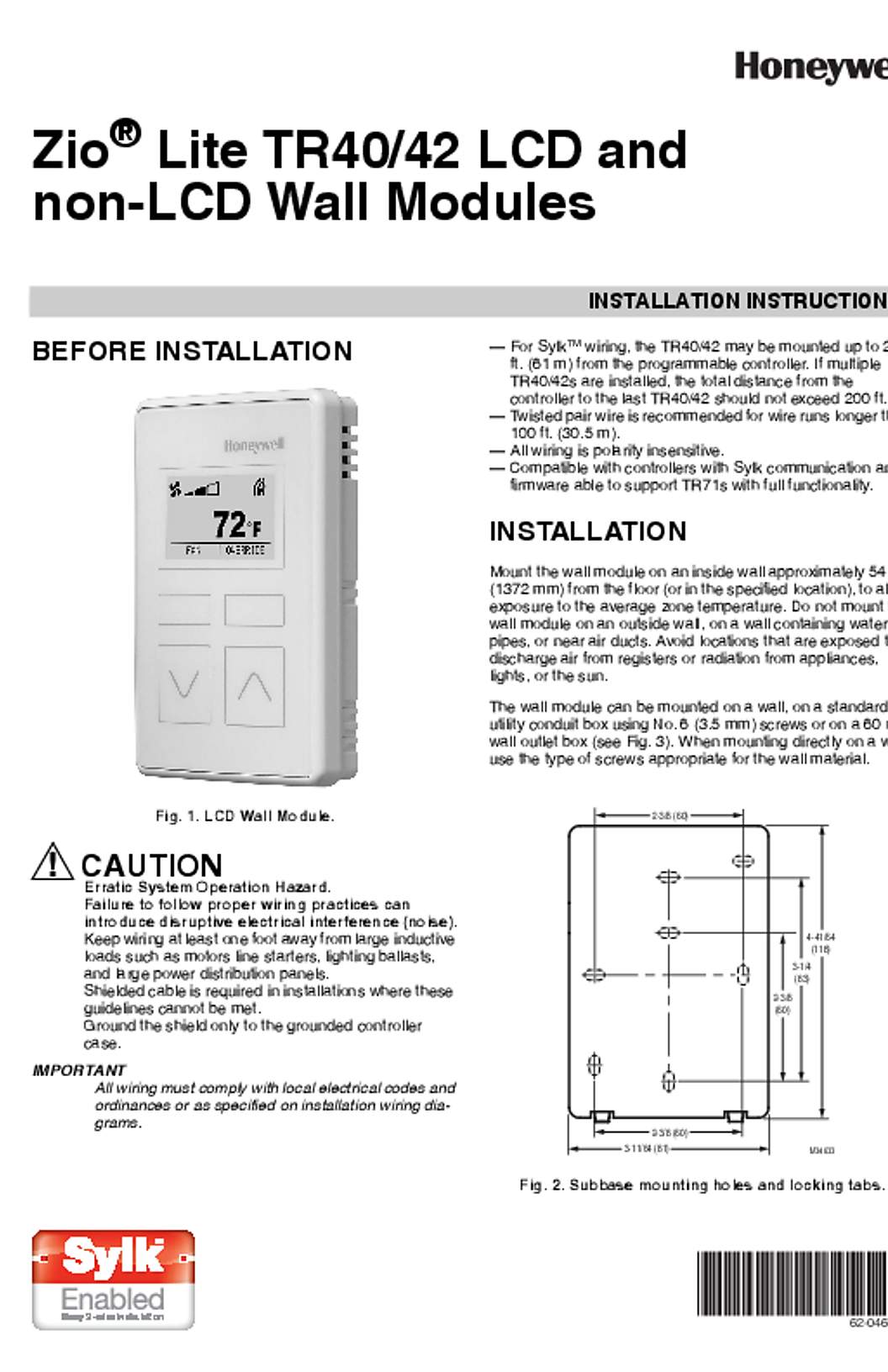 Honeywell Zio Lite TR40-42 LCD and non-LCD Wall Modules