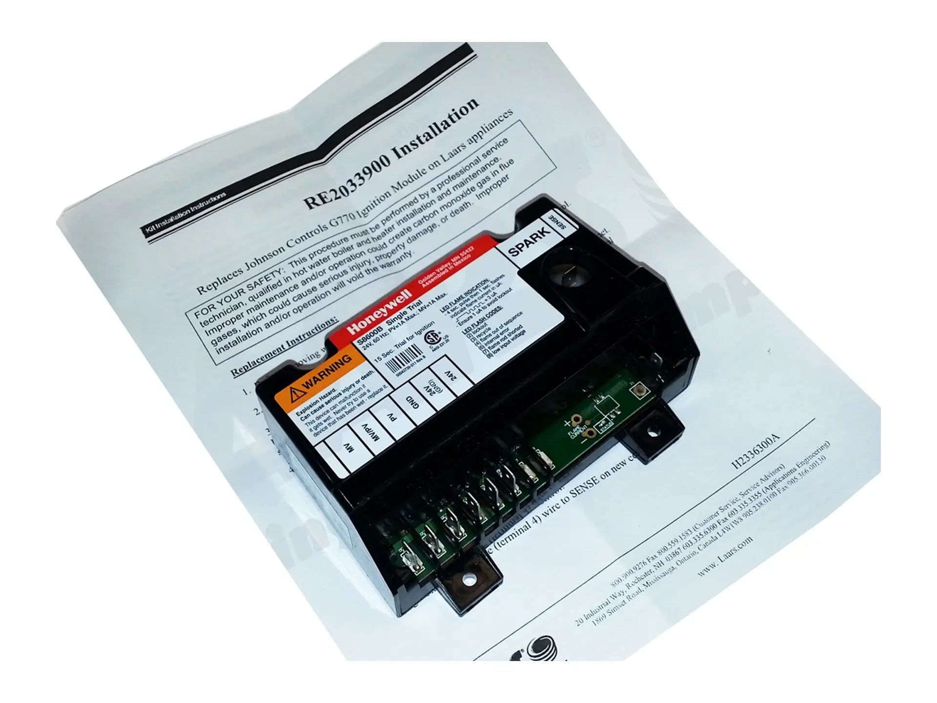 Laars RE2033900, 0s Pre-Purge 8s Trial for Ignition 24V Ignition Module