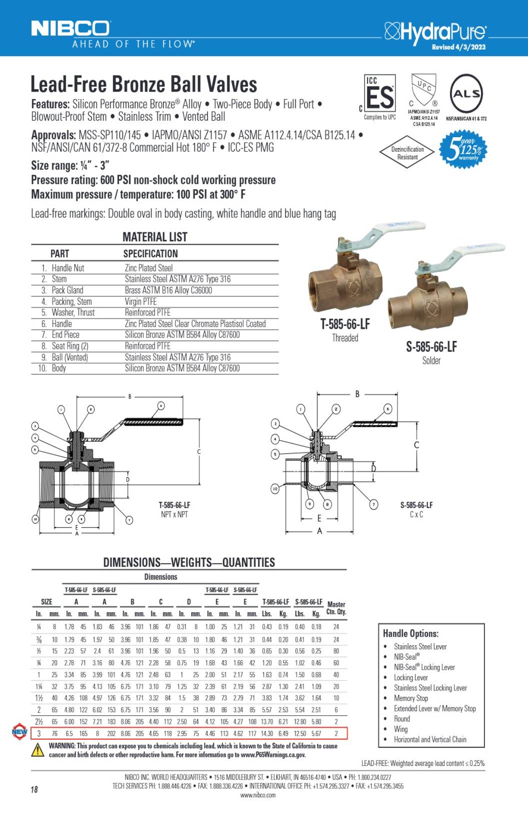 T S 585 66 LF Spec Sheet