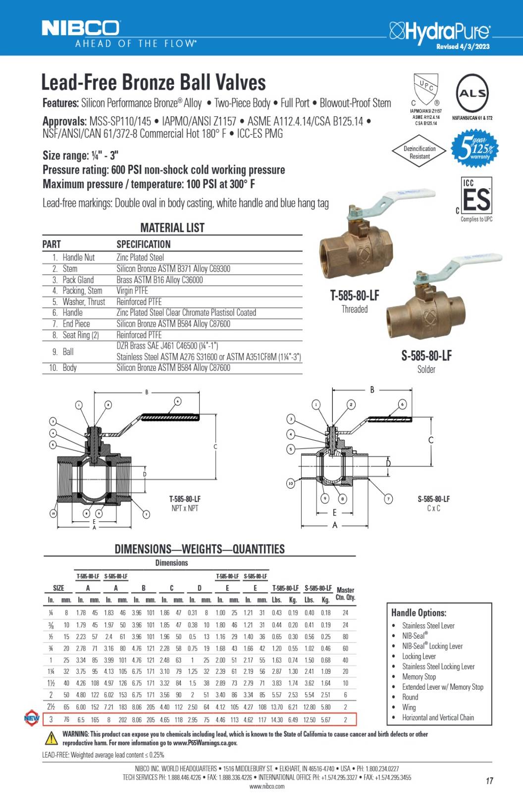 T S 585 80 LF Spec Sheet