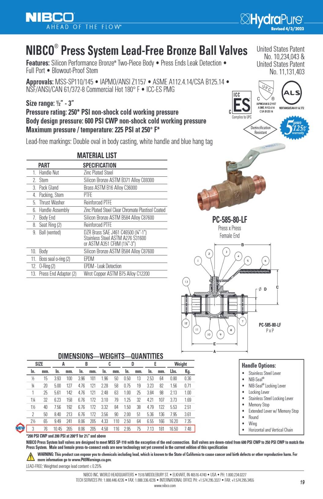 PC 585 80 LF Spec Sheet