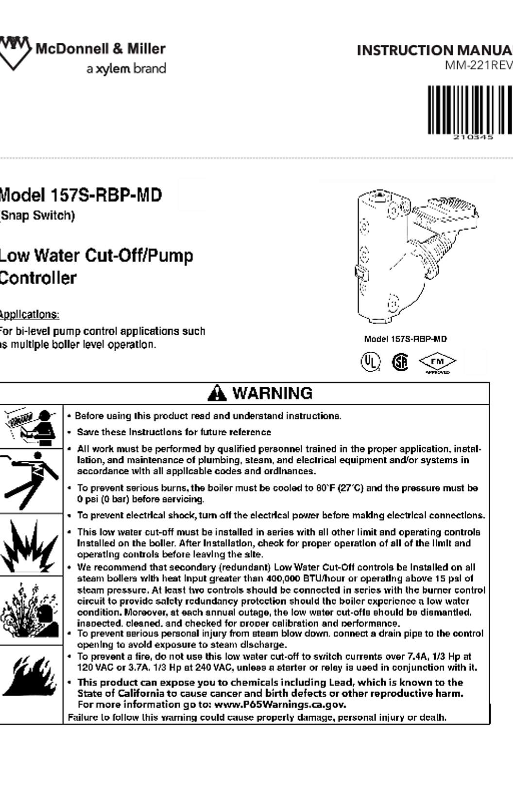 McDonnell & Miller Model 157S-RBP-MD LWCO/Pump Controller Instruction Manual