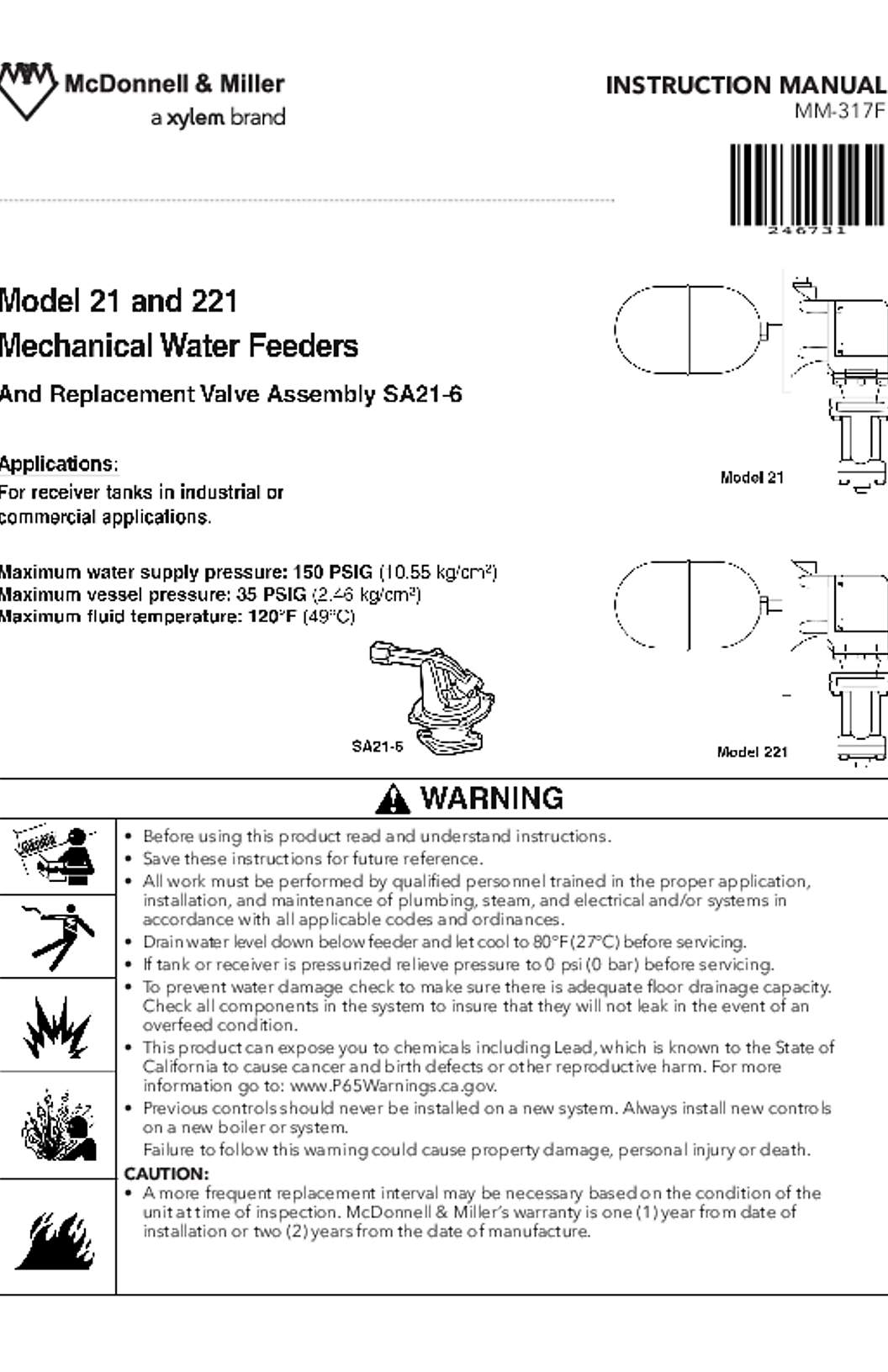 McDonnell & Miller 21, 221 Mechanical Water Feeders Instruction Manual