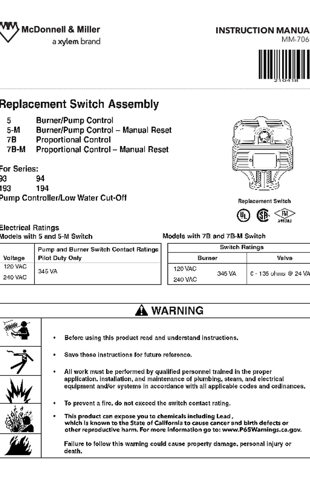 McDonnell & Miller 5, 5-M, 7B, 7B-M Replacement Switch Assembly Instruction Manual