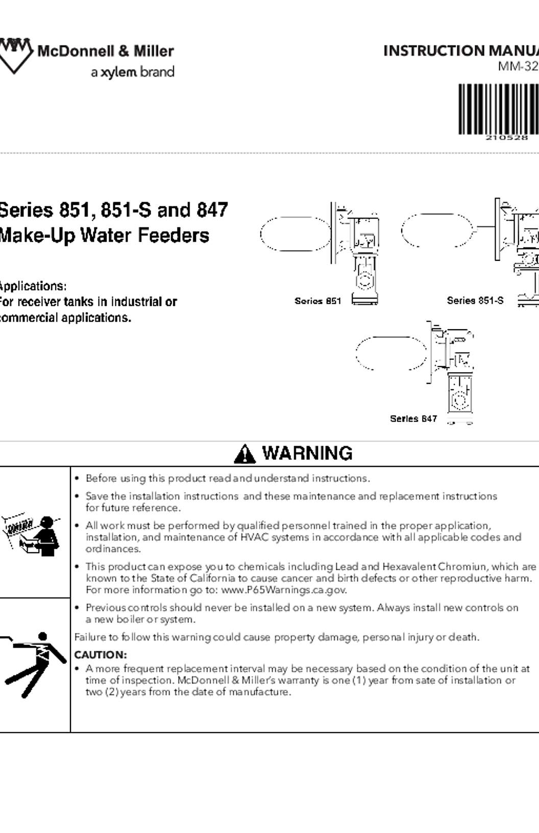 McDonnell & Miller Series 851, 851-S, 847 Make-Up Water Feeders Instruction Manual