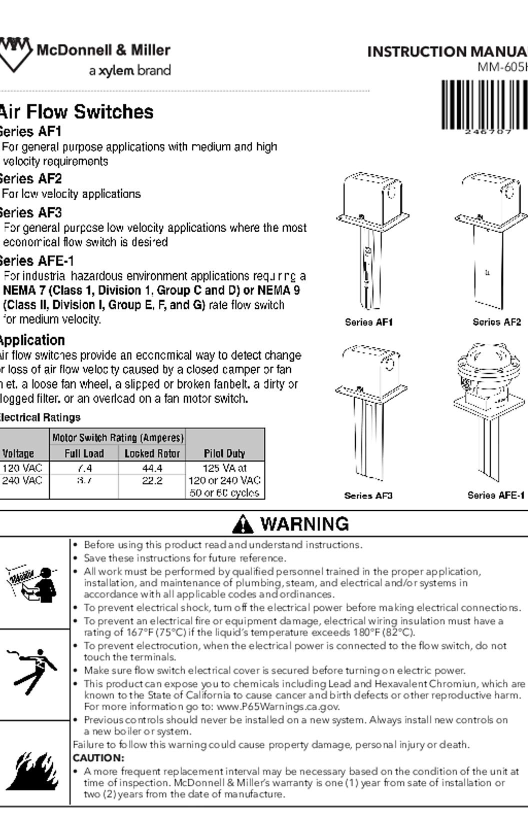 McDonnell & Miller Air Flow Switches Instruction Manual