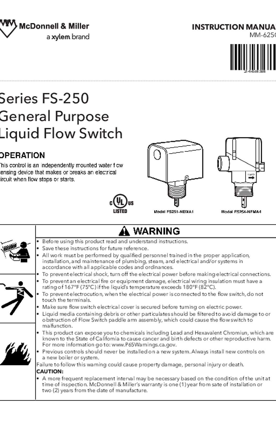 McDonnell & Miller Series FS-250 Liquid Flow Switches Instruction Manual