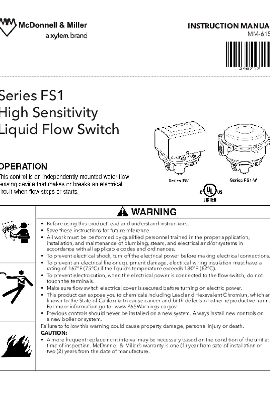 McDonnell & Miller FS1 Liquid Flow Switches Instruction Manual
