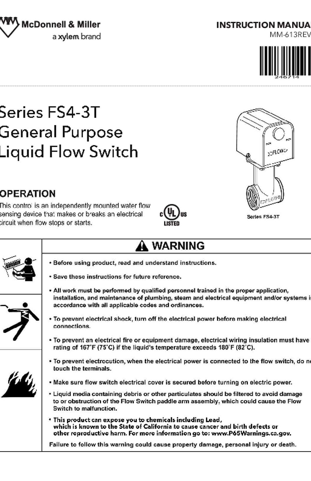 McDonnell & Miller Series FS4-3T Liquid Flow Switches Instruction Manual