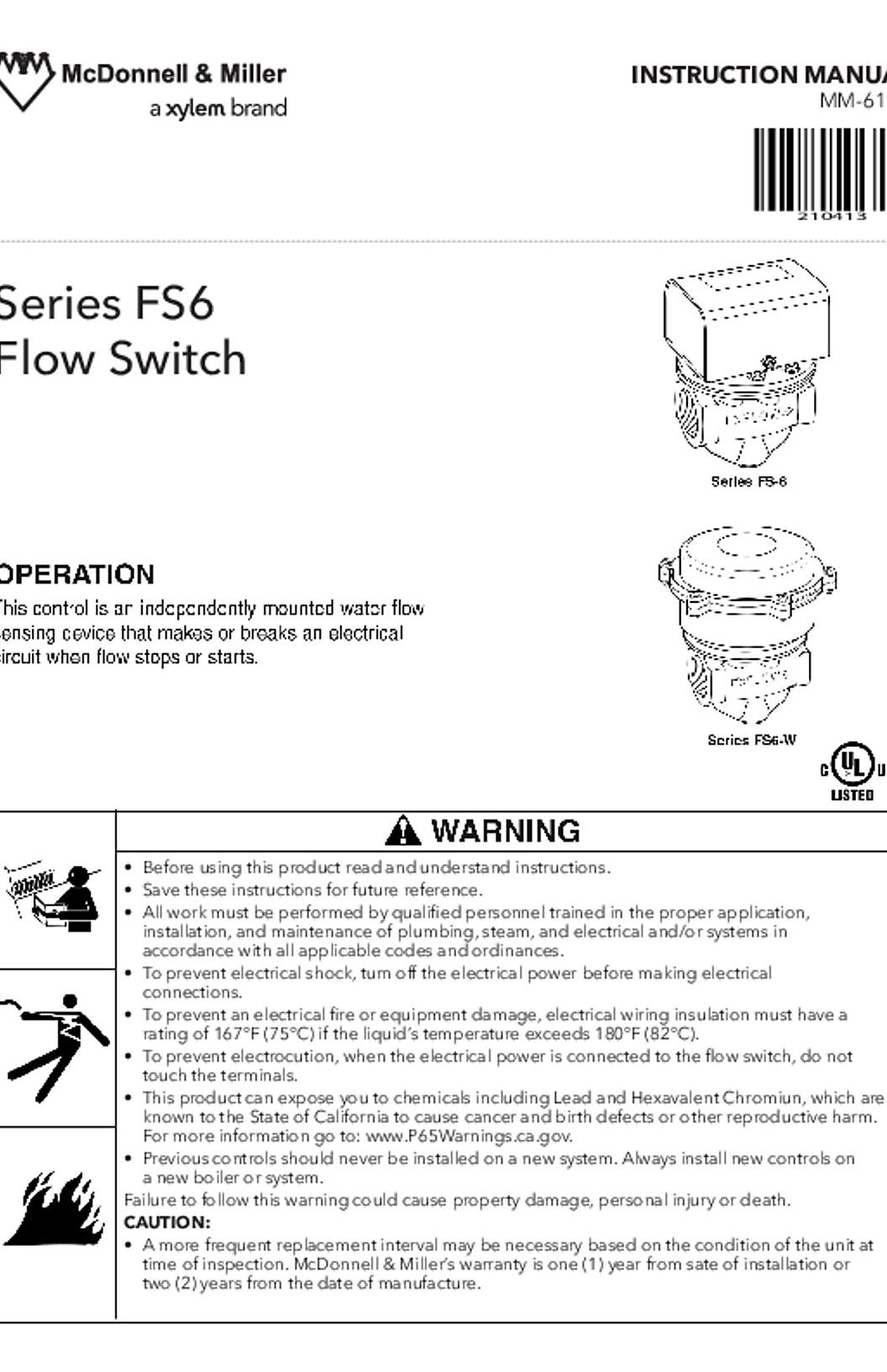 McDonnell & Miller Series FS6 Liquid Flow Switches Instruction Manual