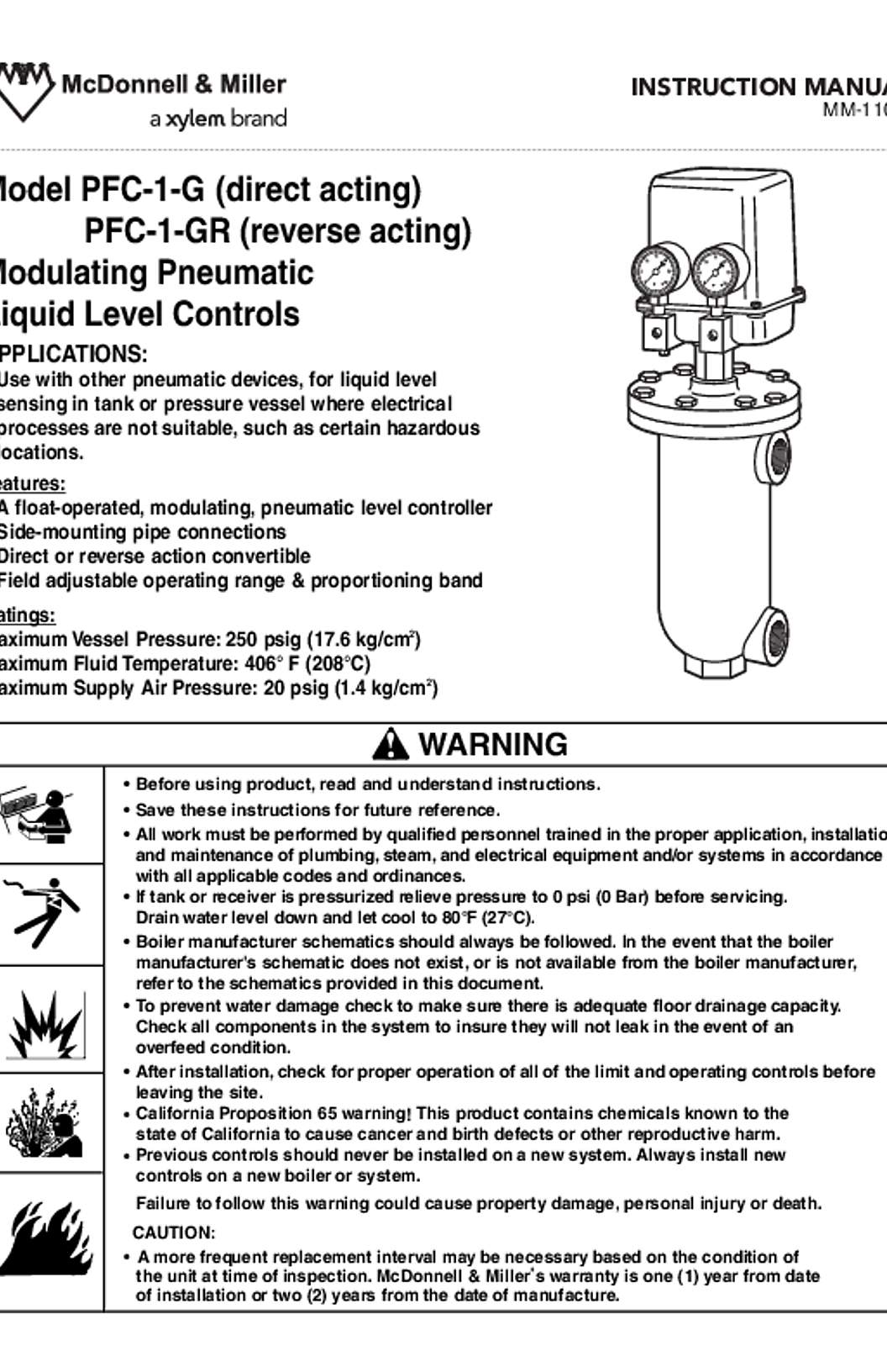 McDonnell & Miller PFC-1-G & PFC-1-GR Liquid Level Controls Instruction Manual