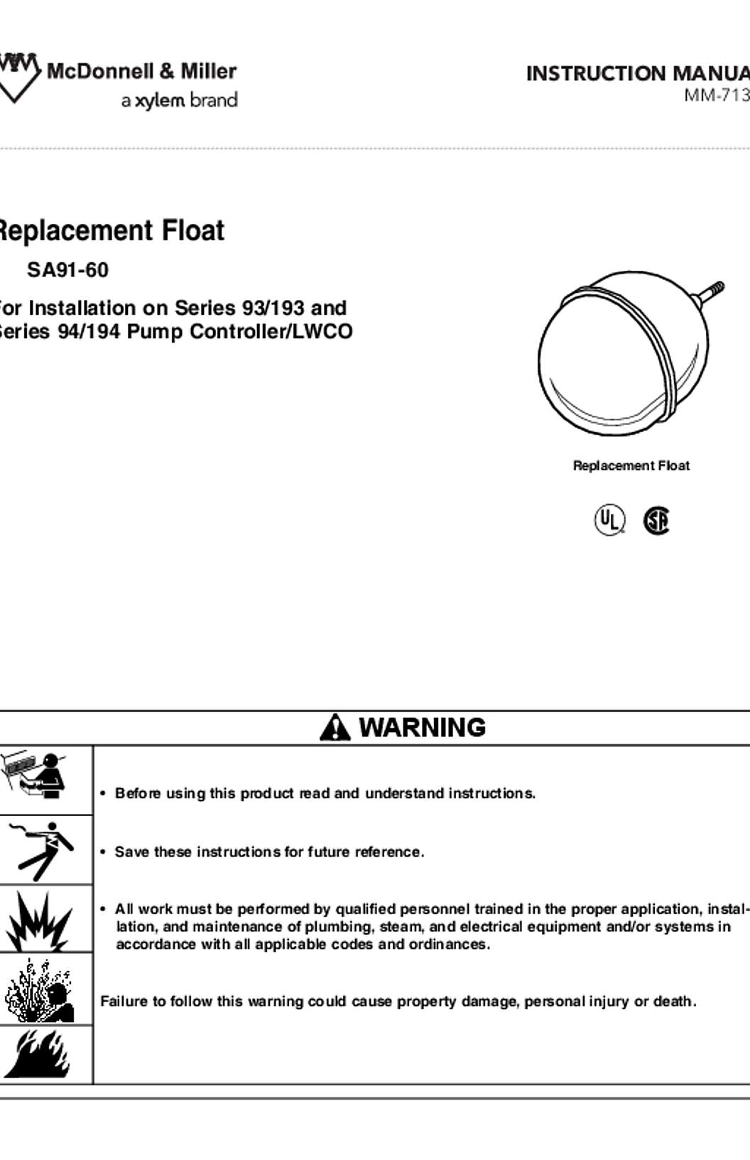 McDonnell & Miller SA91-60 Replacement Floats Instruction Manual