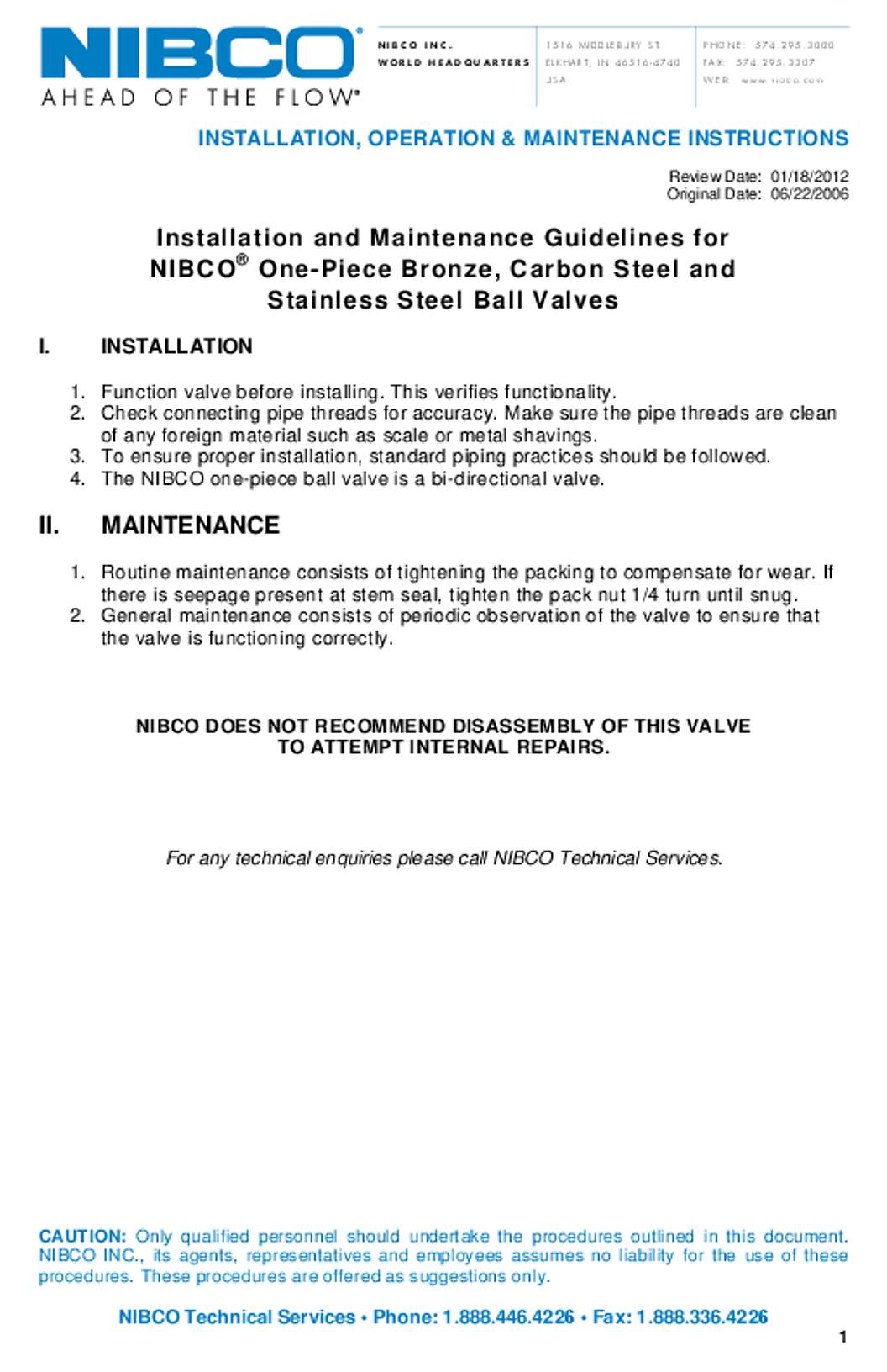 NIBCO 1-Piece Bronze Steel Ball Valves Operation Manual