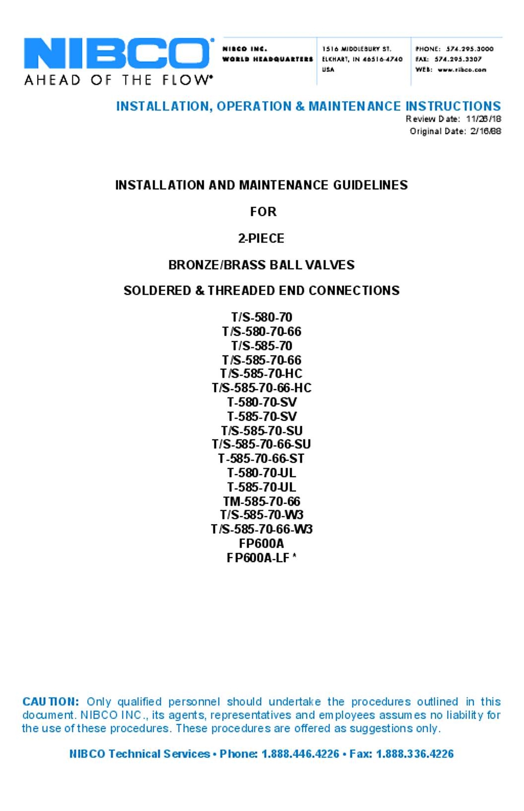 NIBCO 2-Piece Bronze/Brass Ball Valves IOM Manual