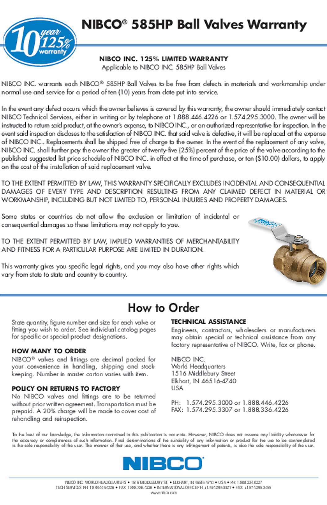 NIBCO 585HP Warranty