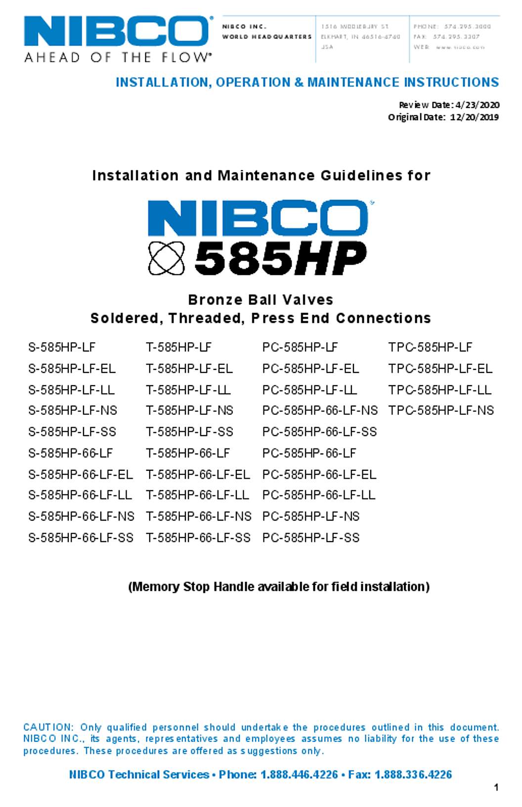 NIBCO 585HP Operation Manual