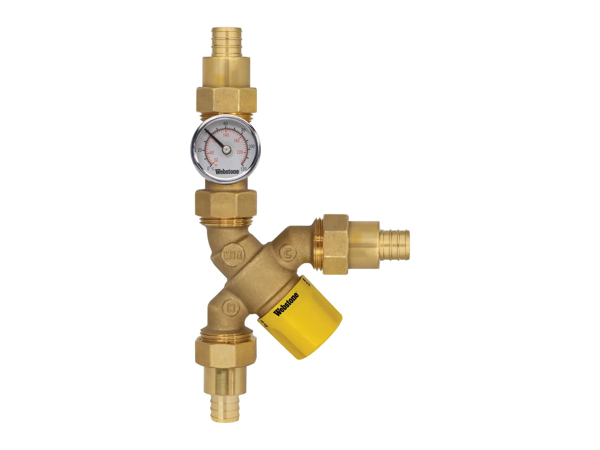 Webstone H-71202W-Y-TG, 1/2in.x1/2in. Y-Pattern Thermostatic Mixing Valve with Dual-Scale Temp Gauge