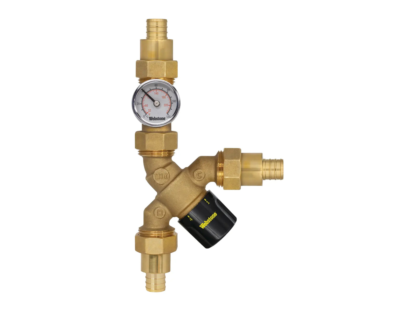 Webstone H-71272W-Y-TG, 1/2in.x1/2in. PEX F1807 Y-Thermost Mix Valve w/Integral Check Valve T Gauge