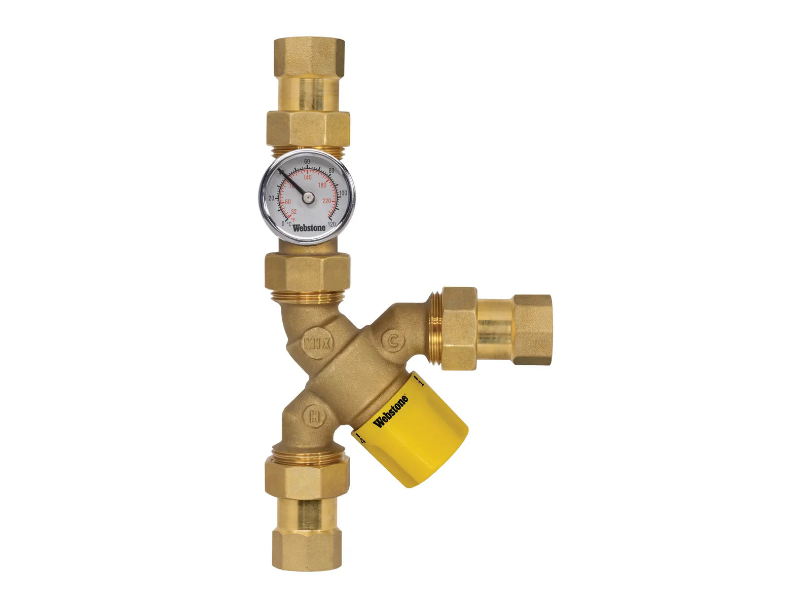 Webstone H-72203W-Y-TG, 3/4 in. x 3/4 in. Y-Pattern Thermost Mixing Valve with Dual-Scale Temp Gauge