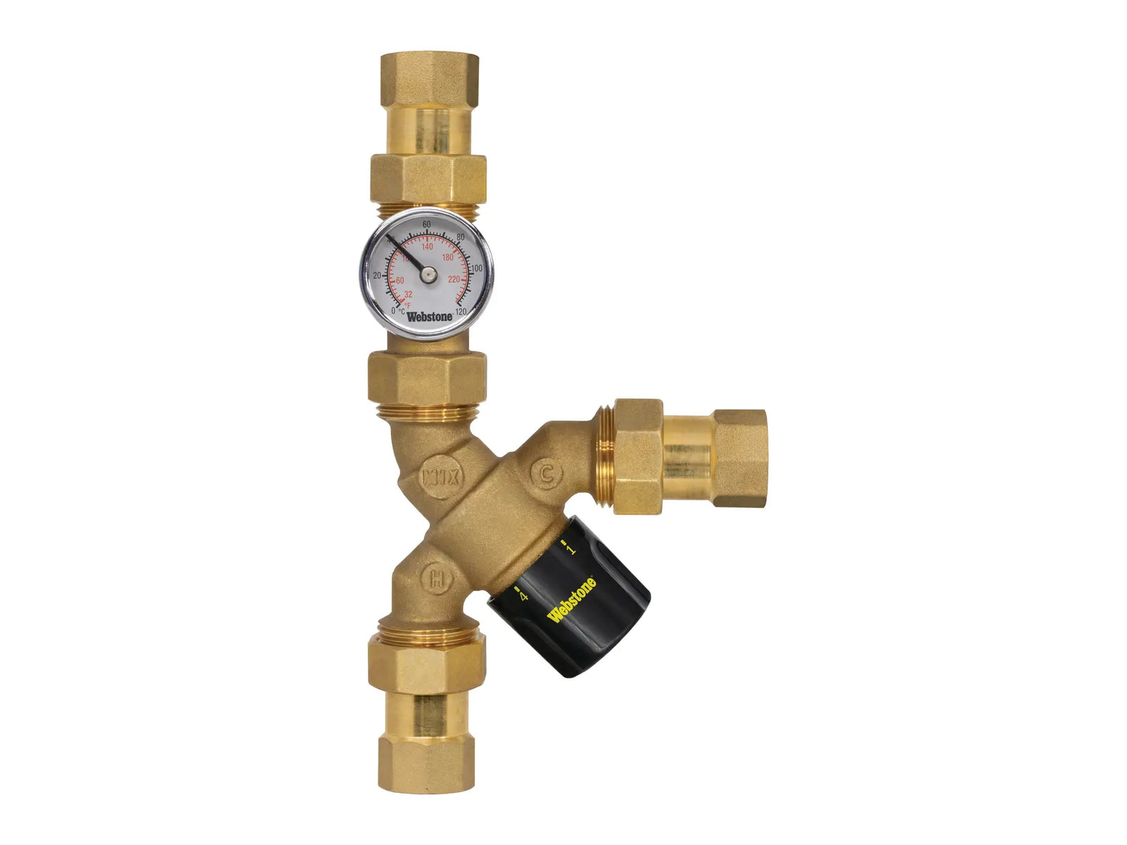 Webstone H-72274W-Y-TG, 1in.x1in. FIP Y-Thermost Mixing Valve w/Integral Check Valve Temp Gauge