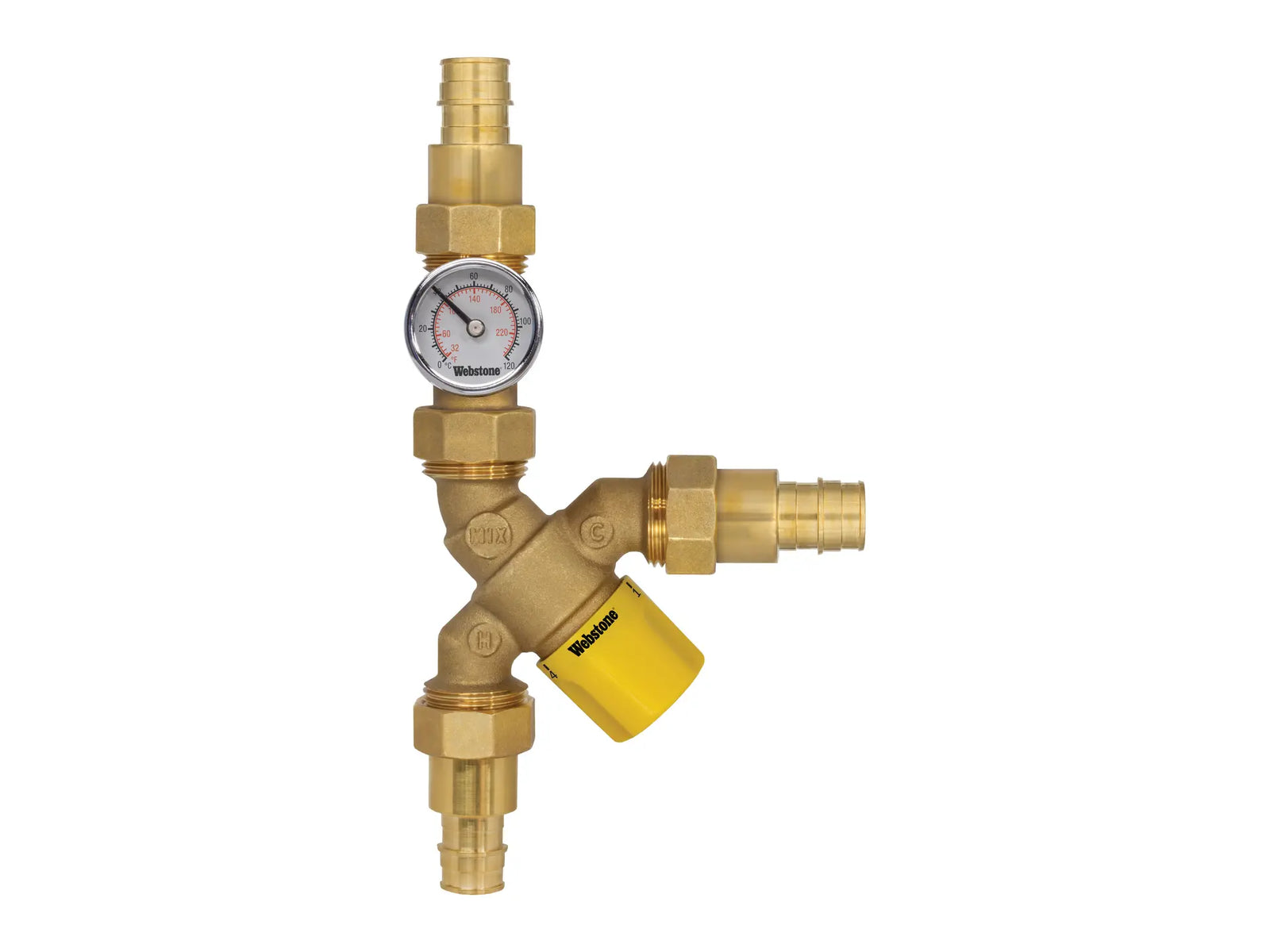 Webstone H-73202W-Y-TG, 1/2 in. x 1/2 in. Y-Pattern Thermost Mixing Valve with Dual-Scale Temp Gauge