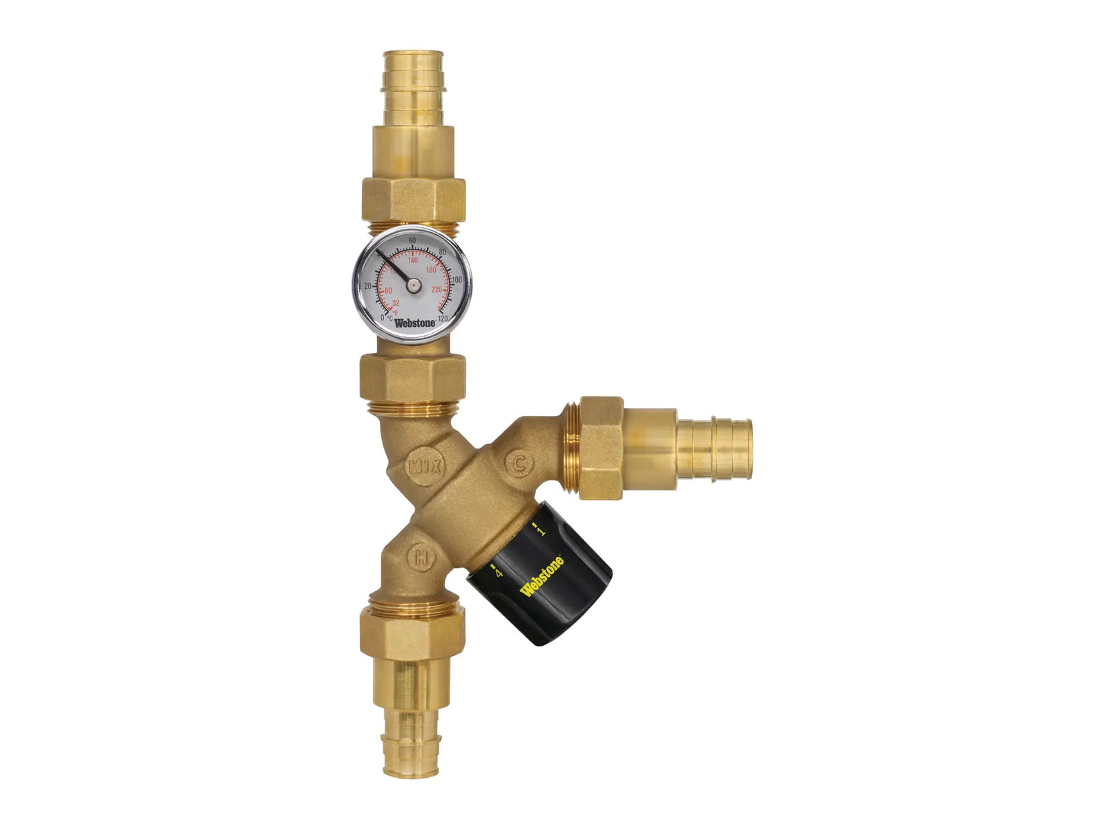 Webstone H-73273W-Y-TG, 3/4in.x 1/4in. PEX Y-Thermost Mixing Valve w/Integral Check Valve Temp Gauge