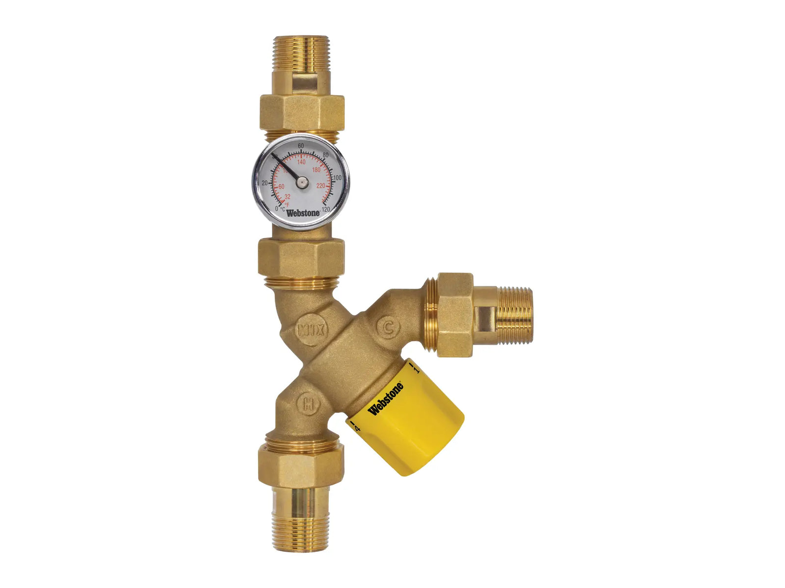 Webstone H-74203W-Y-TG, 3/4 in. x 3/4 in. Y-Pattern Thermost Mixing Valve with Dual-Scale Temp Gauge