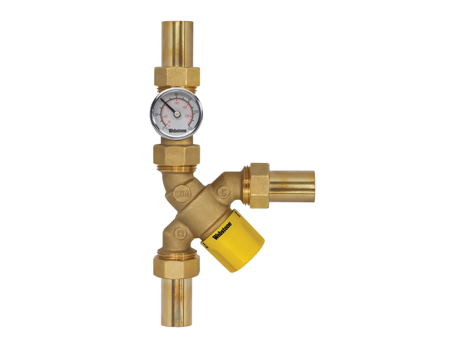 Webstone H-75204W-Y-TG, 1 in. x 1 in. Y-Pattern Thermostatic Mixing Valve with Dual-Scale Temp Gauge