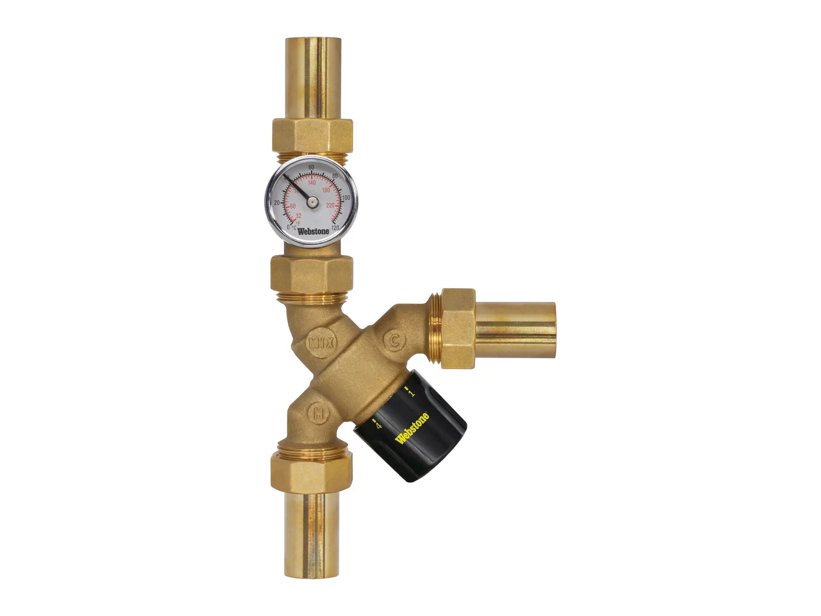 Webstone H-75272W-Y-TG, 1/2in.x1/2in. SWT Y-Thermost Mixing Valve W/Integral Check Valve Temp Gauge