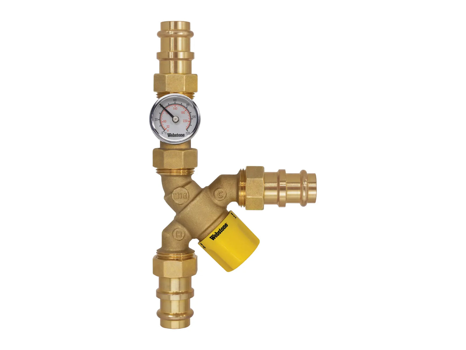 Webstone H-78202W-Y-TG, 1/2 in.x1/2 in. Y-Pattern Thermost Mixing Valve with Dual-Scale Temp Gauge