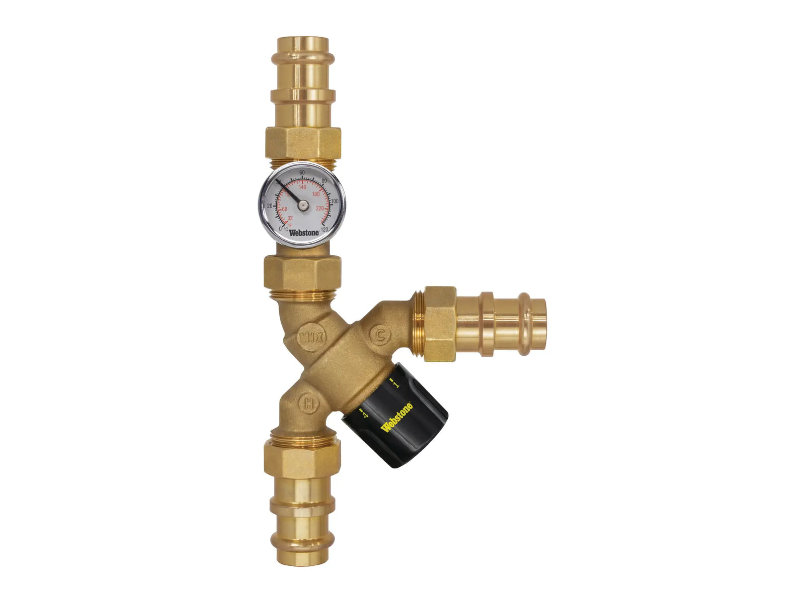 Webstone H-78273W-Y-TG, 3/4in.x3/4in. PRS Y-Thermost Mixing Valve W/Integral Check Valve Temp Gauge