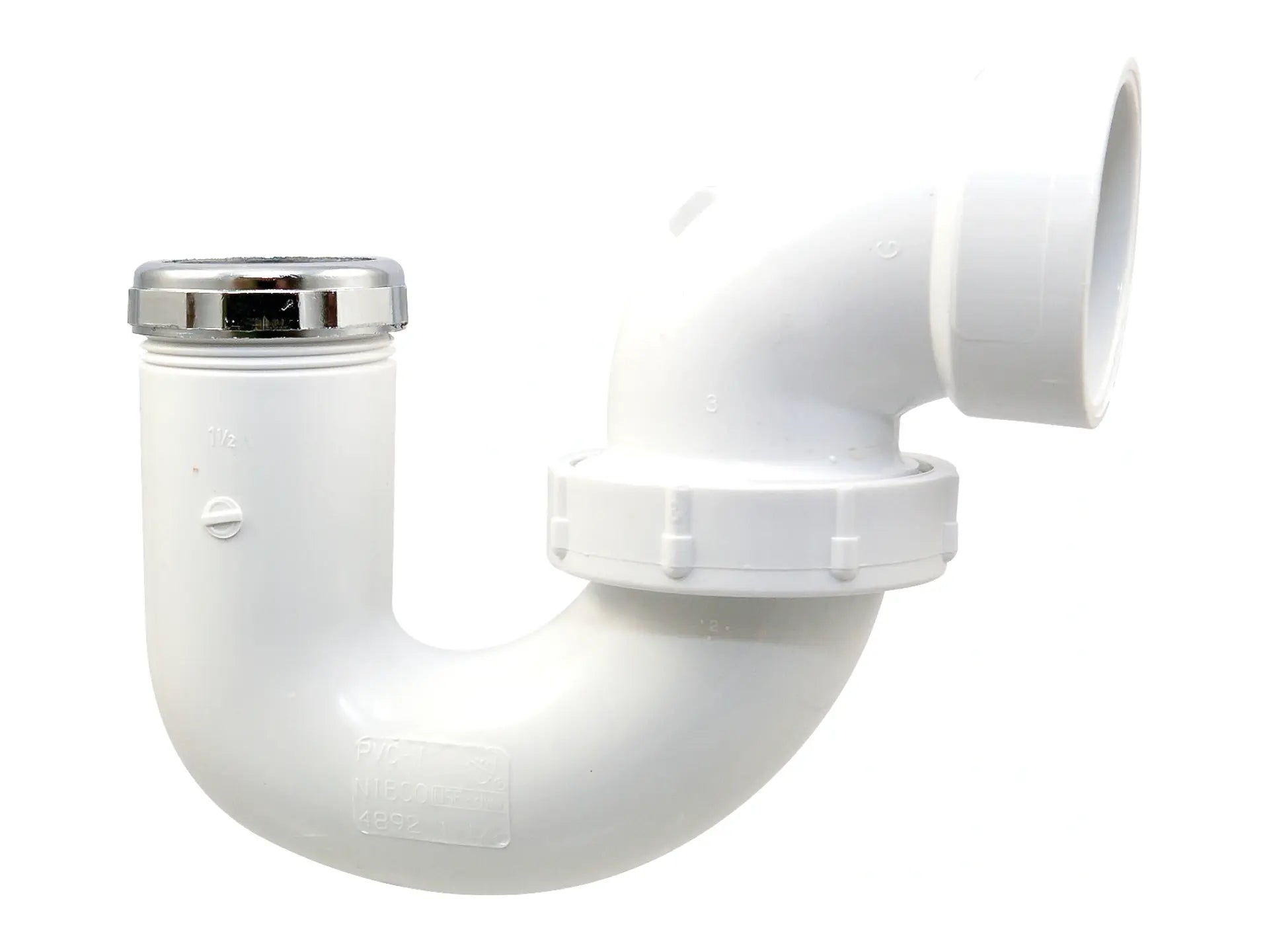 NIBCO K600400, 1-1/2in. x 1-1/4in. P-Trap with Union Joint Hub x SJ with Chrome Nut PVC DWV 4892-C