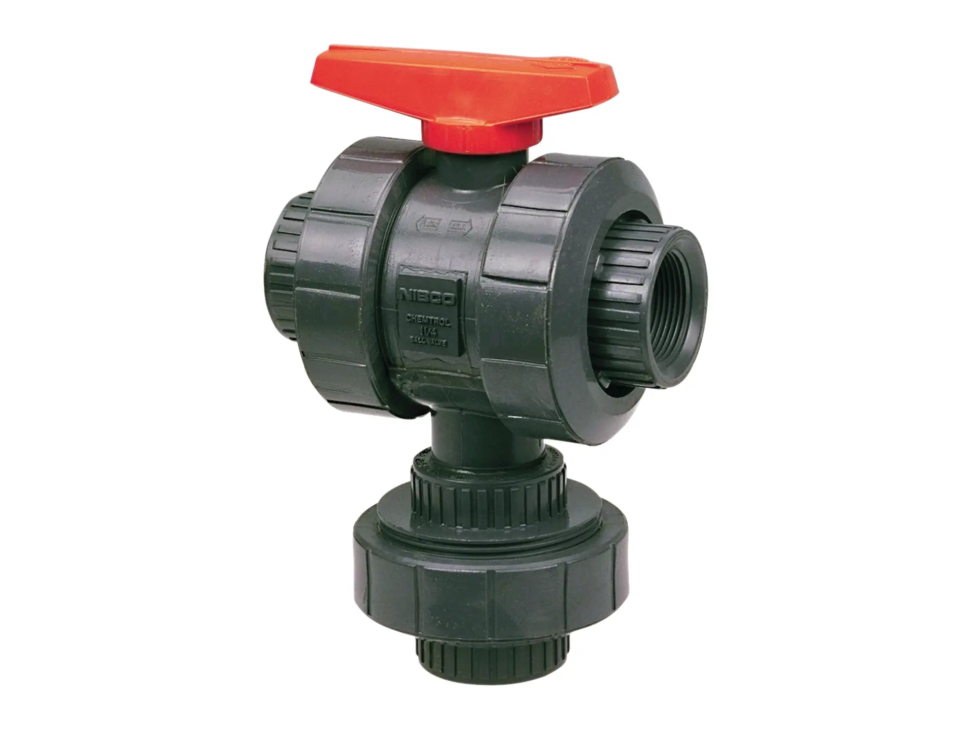 NIBCO MA782AB, 1-1/4in. Ball Valve Threaded, True Union, 3-Way 3-Position Multi-Port, PVC Schedule 80