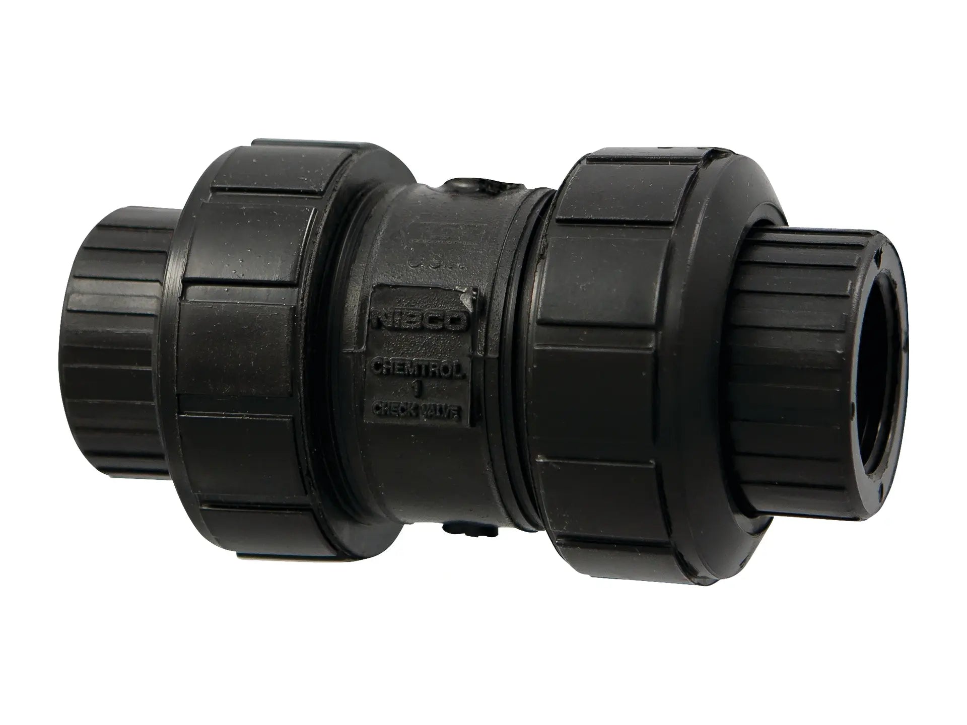 NIBCO MC800AB, 1-1/4 in. Ball Check Valve Threaded, True Union, Black PP, FKM T61BCV