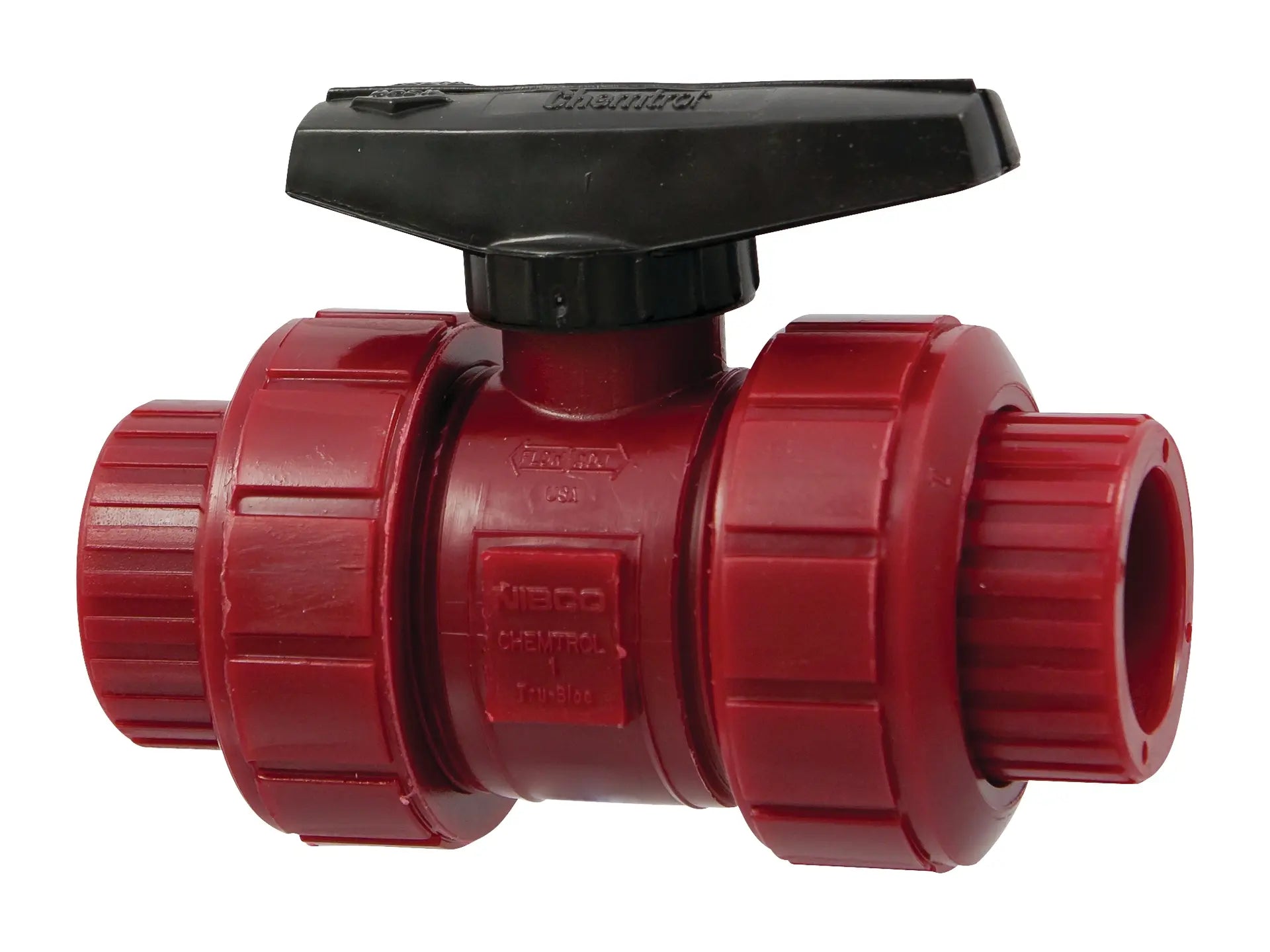NIBCO MD599AH, 4in. Ball Valve Model C, Socket, Tru-Bloc True Union, Kynar Red PVDF Sche 80