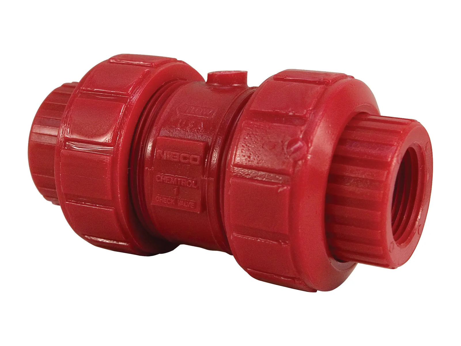 NIBCO MD800A8, 3/4in. Ball Check Valve Threaded, True Union, Kynar Red PVDF Schedule 80, FKM T65BCV