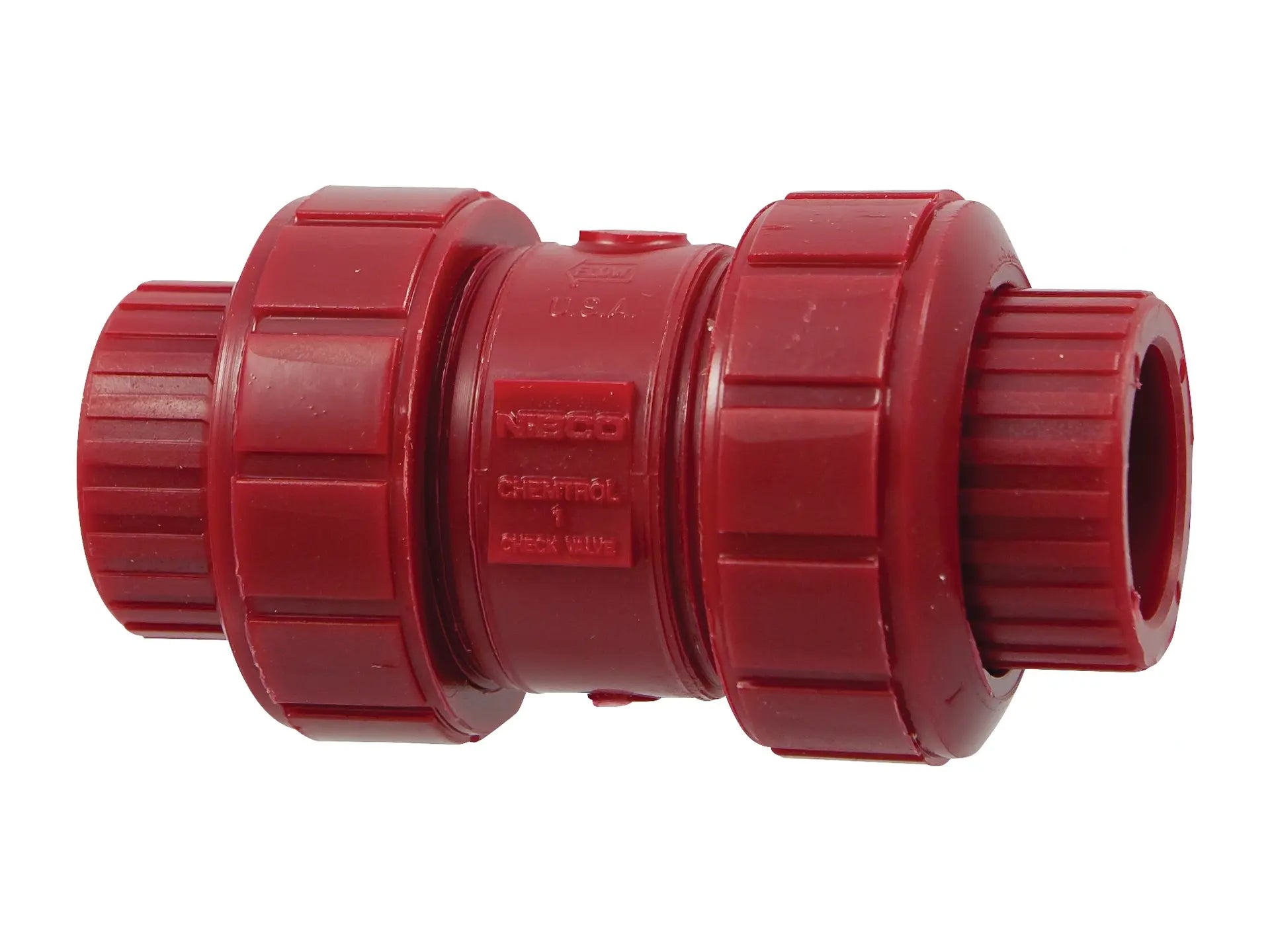 NIBCO MD801AD, 2 in. Ball Check Valve Socket, True Union, Kynar Red PVDF Schedule 80, FKM S65BCV