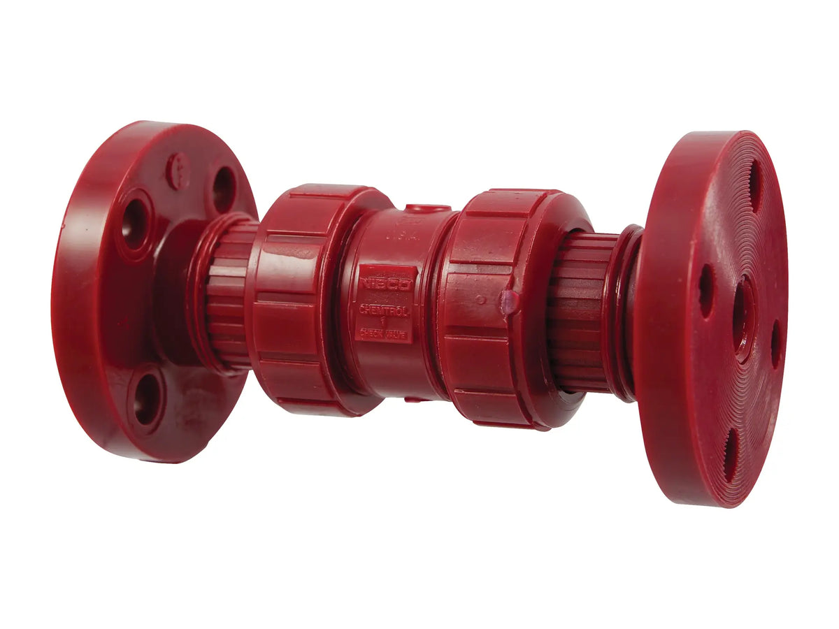 NIBCO MD802AA, 1 in. Ball Check Valve Flanged, True Union, Kynar Red PVDF Schedule 80, FKM F65BCV